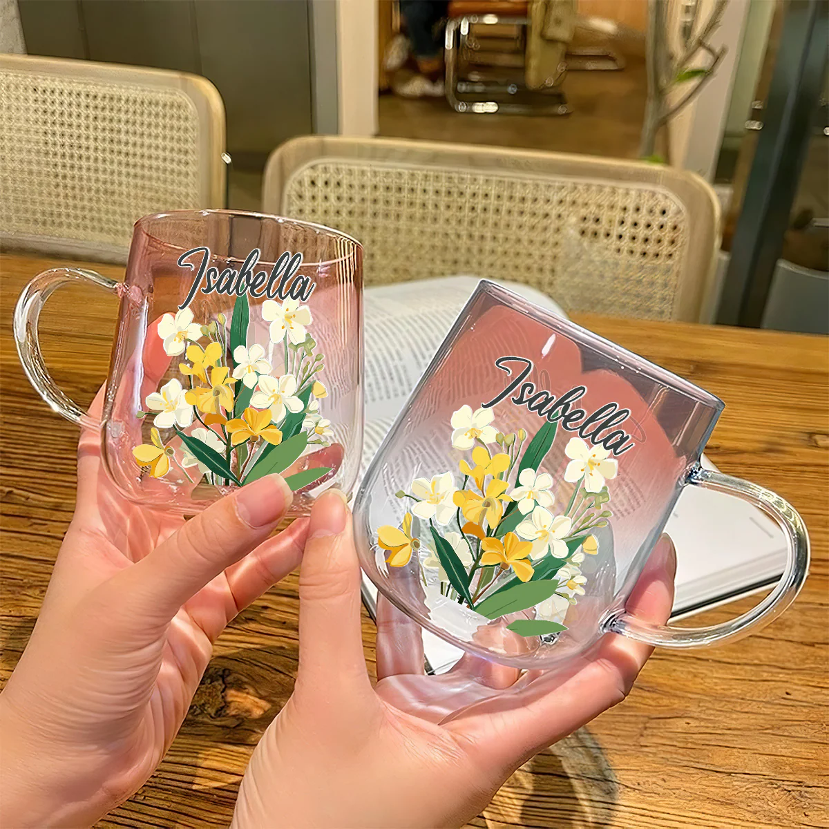 Custom Name Birth Month Flowers - Personalized Custom Pink Gradient Glass Mug - Image 5