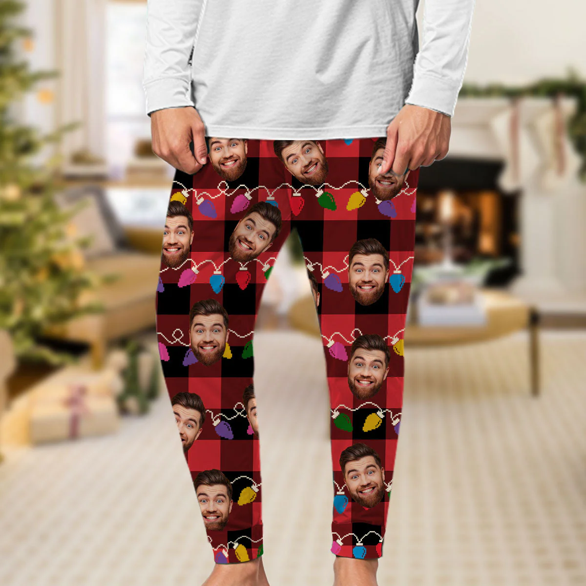 Custom Photo Family Besties Couple Grandkids Dogs & Cats Merry Christmas - Personalized Custom Pajama Pants - Image 2