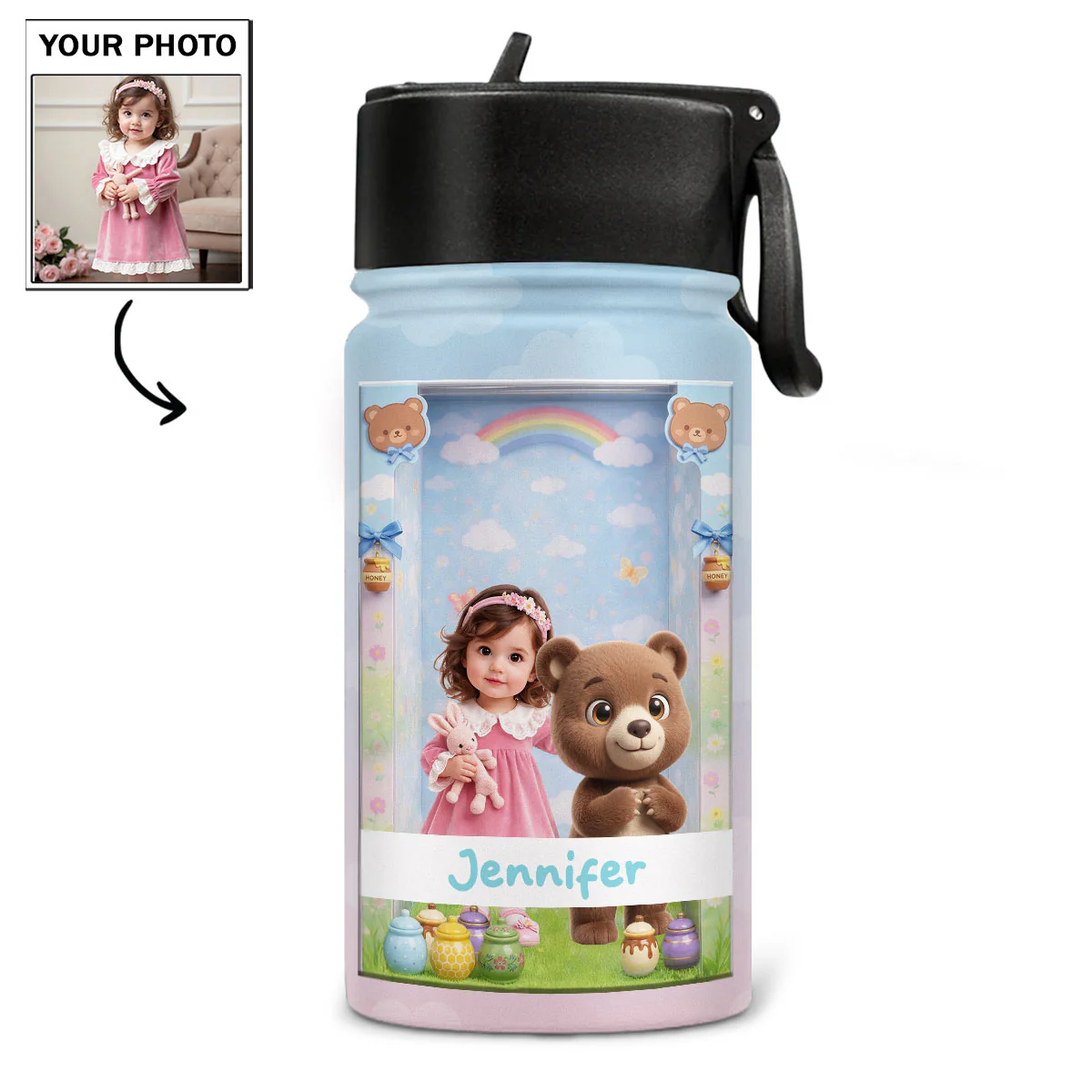 Cute Baby Doll - Personalized Custom 3D Inflated Effect Kids Water Bottle