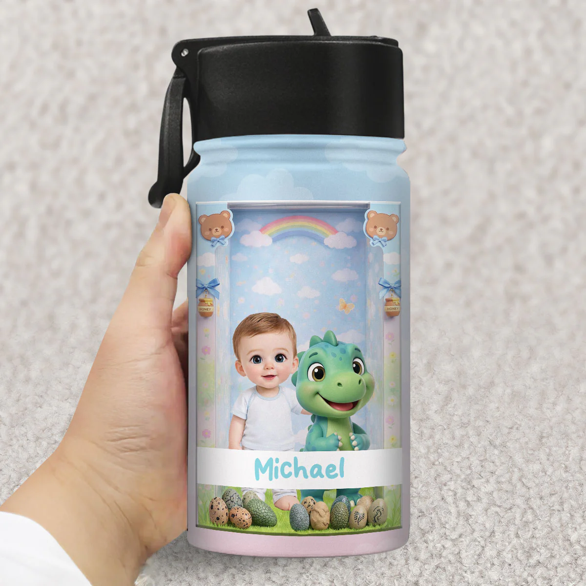 Cute Baby Doll - Personalized Custom 3D Inflated Effect Kids Water Bottle - Image 4