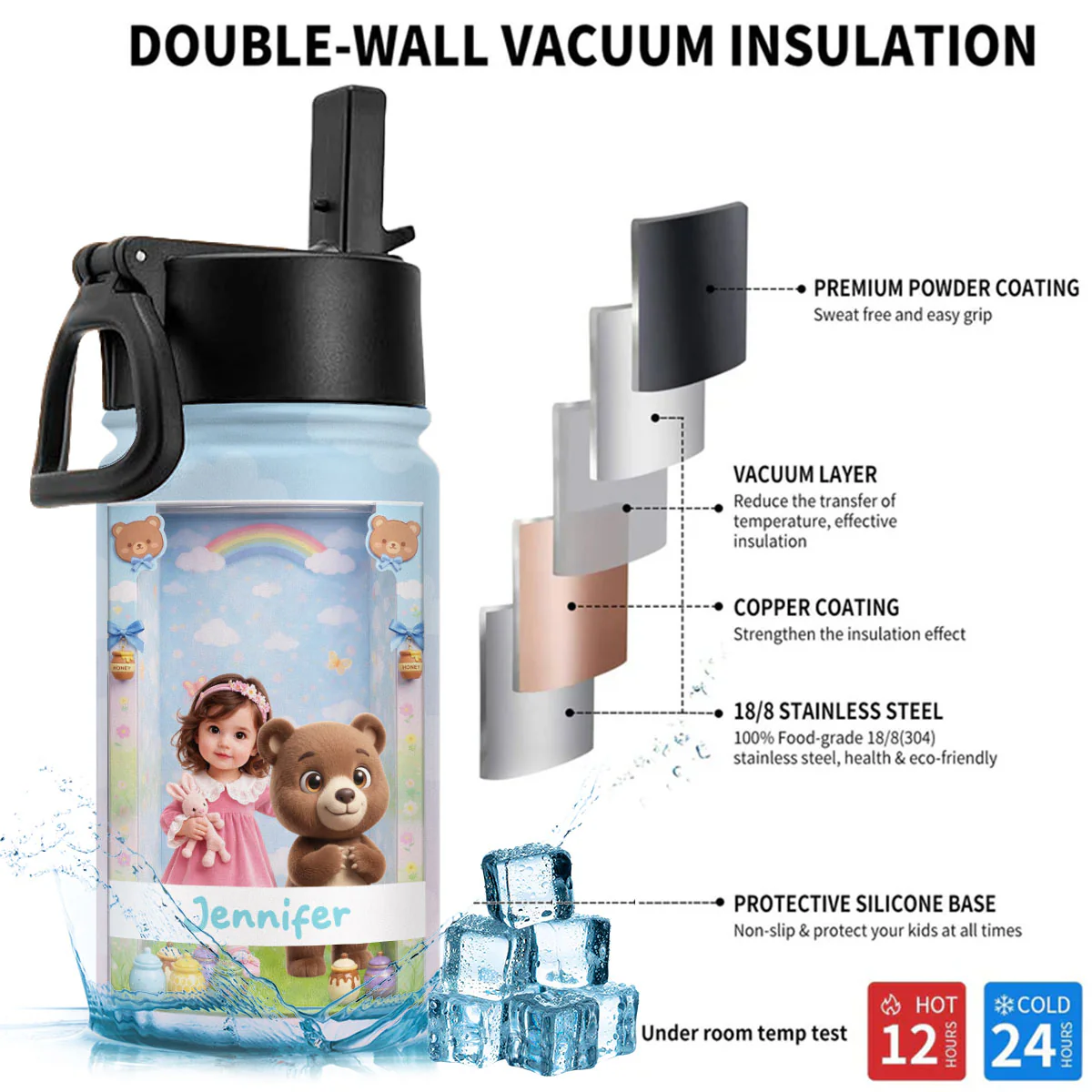 Cute Baby Doll - Personalized Custom 3D Inflated Effect Kids Water Bottle - Image 6