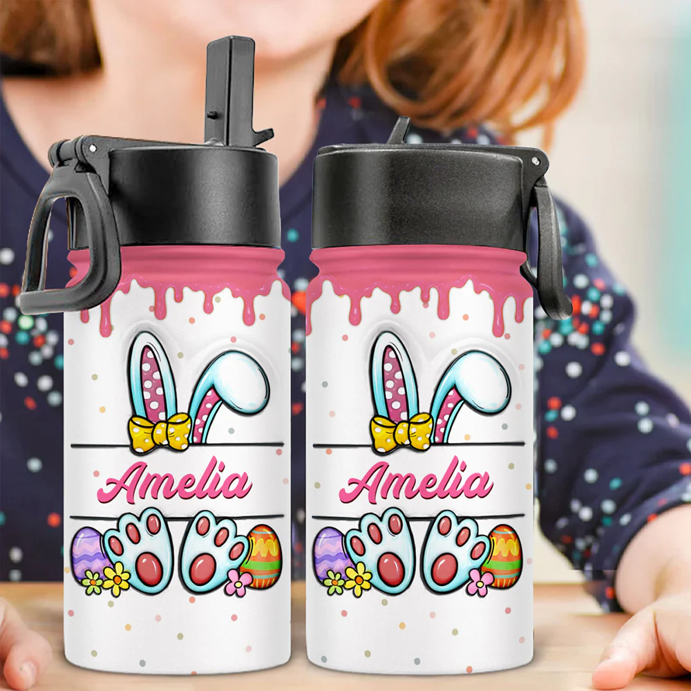 Cute Bunny Easter Eggs - Personalized Custom 3D Inflated Effect Kids Water Bottle - Image 2
