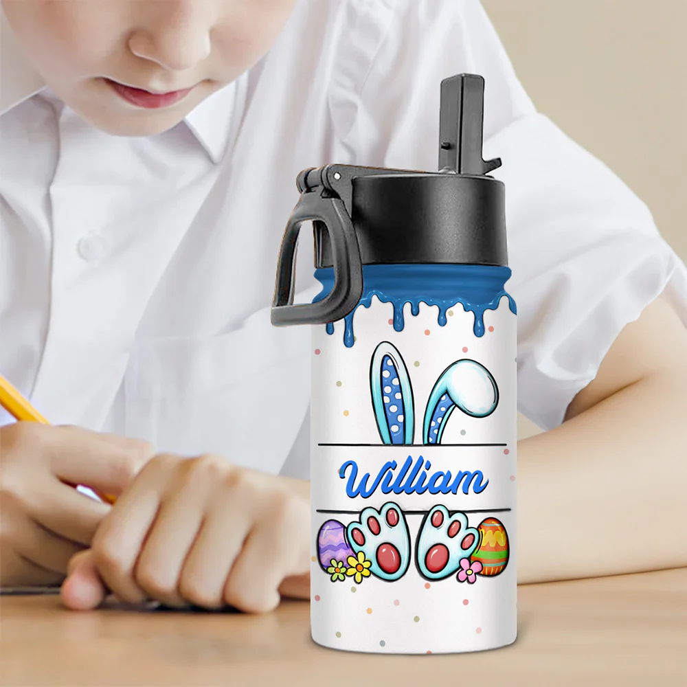Cute Bunny Easter Eggs - Personalized Custom 3D Inflated Effect Kids Water Bottle - Image 3
