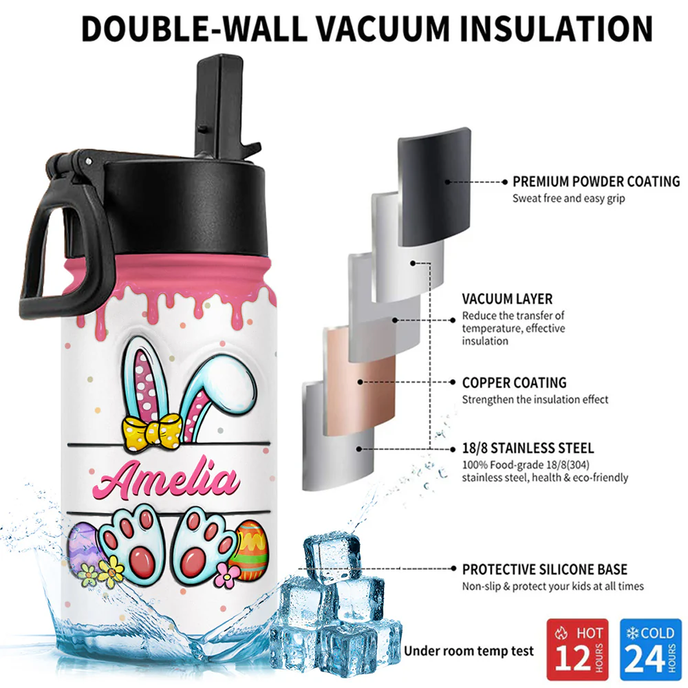 Cute Bunny Easter Eggs - Personalized Custom 3D Inflated Effect Kids Water Bottle - Image 4