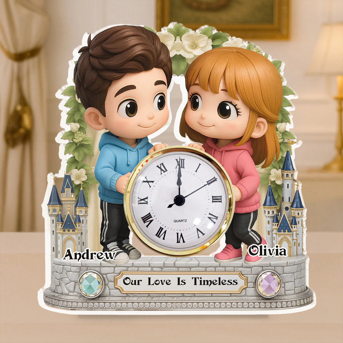 Cute Cartoon Couple - Personalized Custom Acrylic Desk Clock Plaque - Image 2