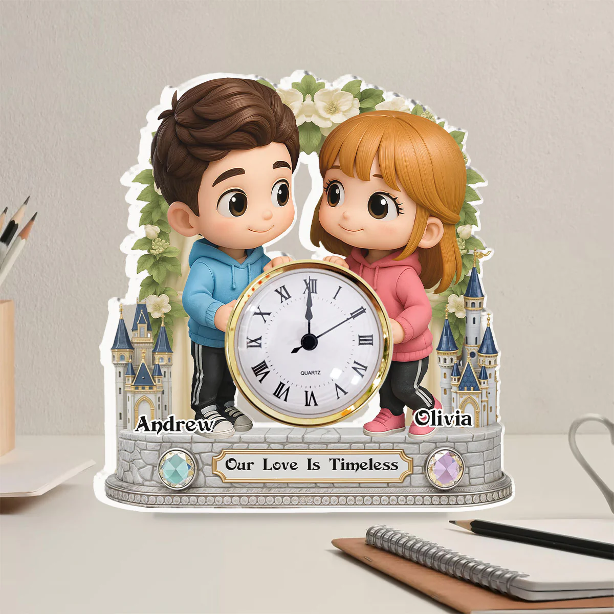 Cute Cartoon Couple - Personalized Custom Acrylic Desk Clock Plaque - Image 4