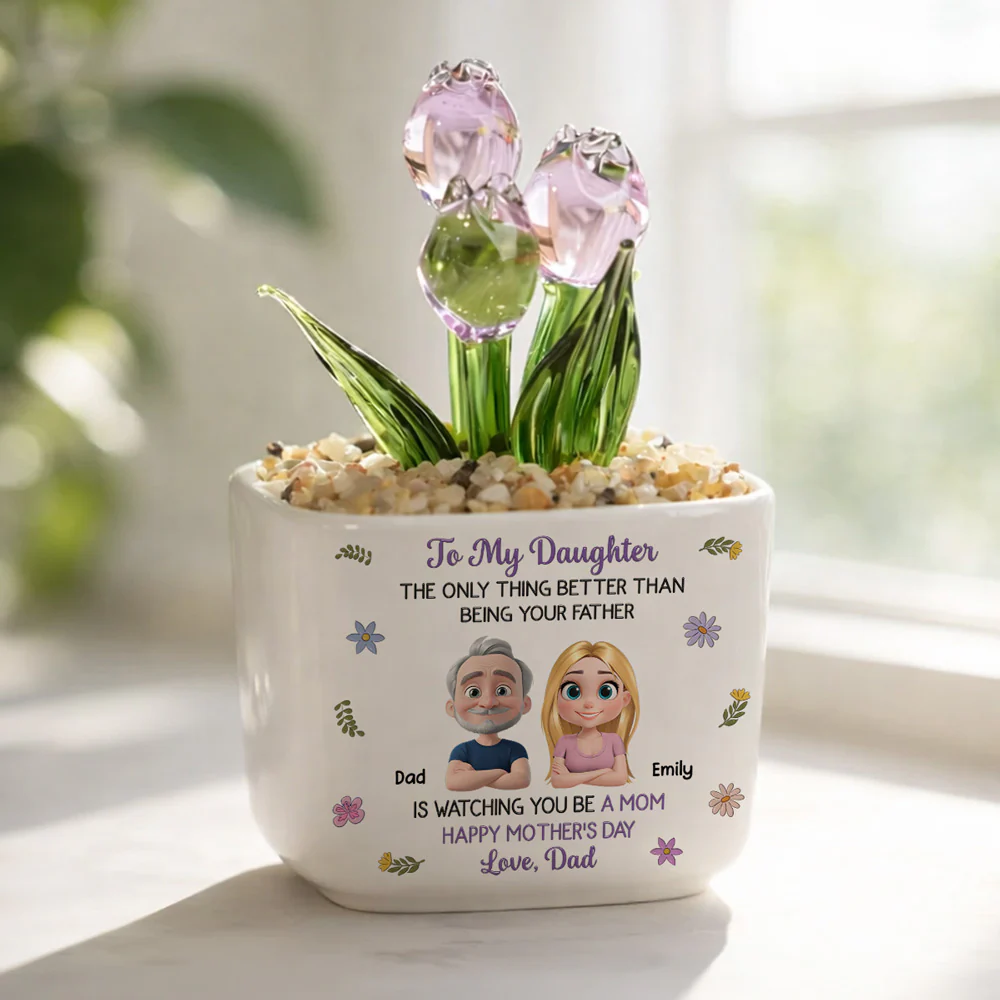 Dad And Daughter Linked Together Cartoon - Personalized Custom Glass Everlasting Tulips - Image 2