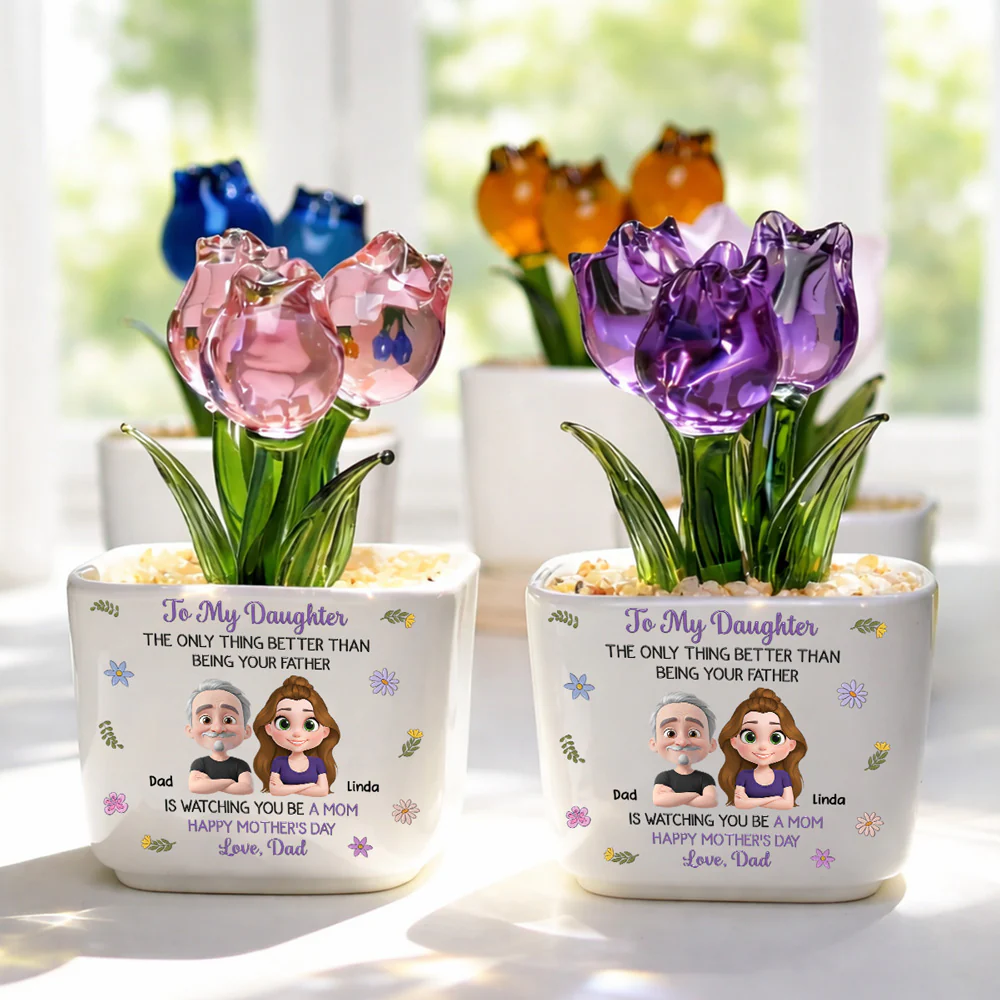 Dad And Daughter Linked Together Cartoon - Personalized Custom Glass Everlasting Tulips - Image 3