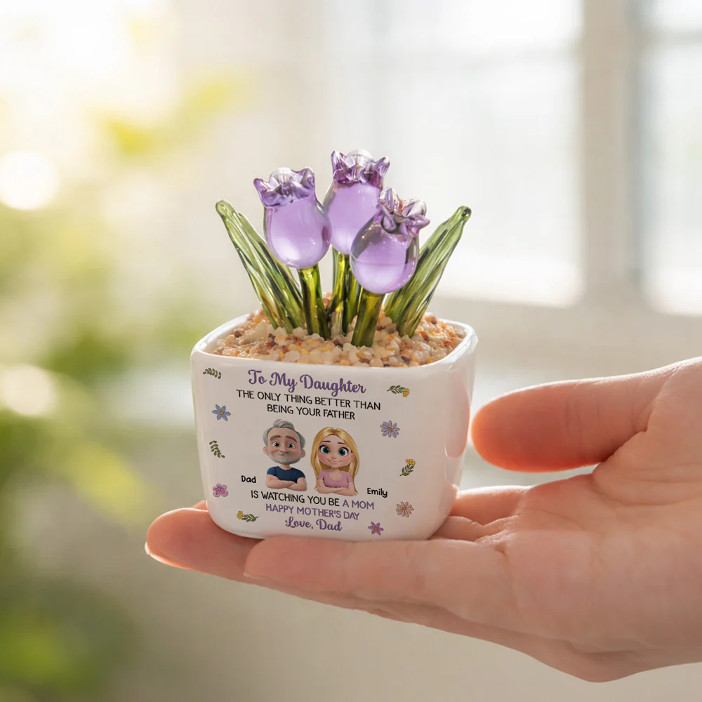 Dad And Daughter Linked Together Cartoon - Personalized Custom Glass Everlasting Tulips - Image 4