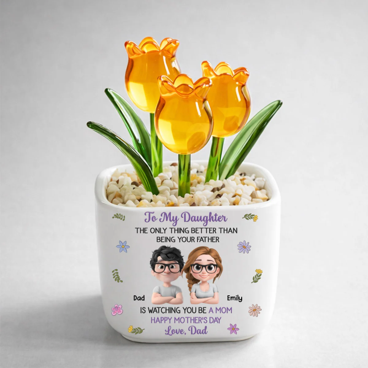Dad And Daughter Linked Together Cartoon - Personalized Custom Glass Everlasting Tulips - Image 9