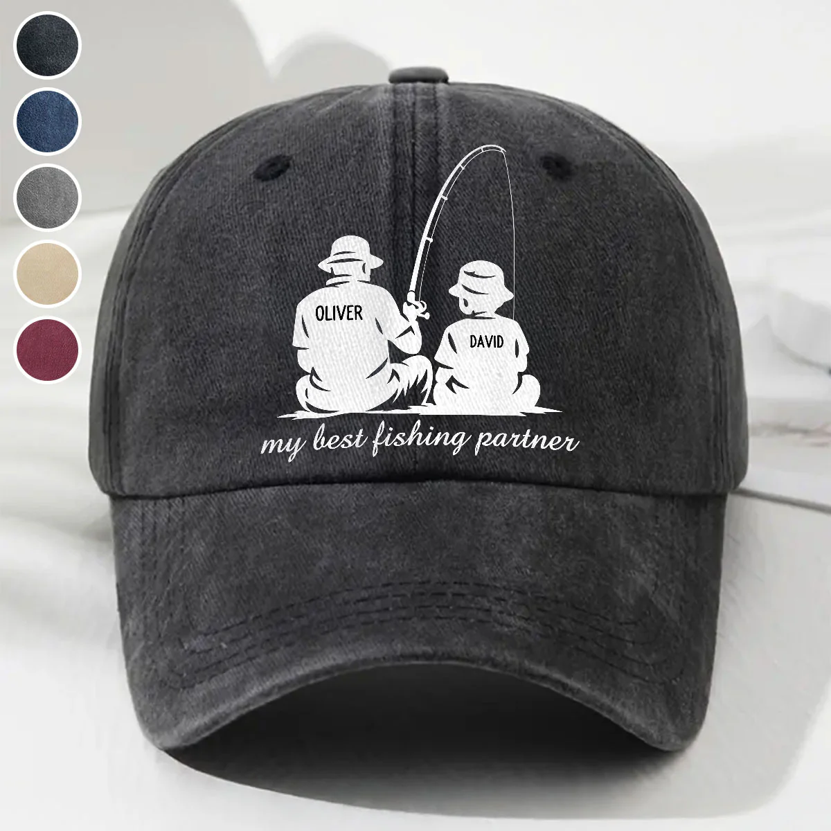 Dad And Son Fishing Memories - Personalized Custom Vintage Washed Denim Cap