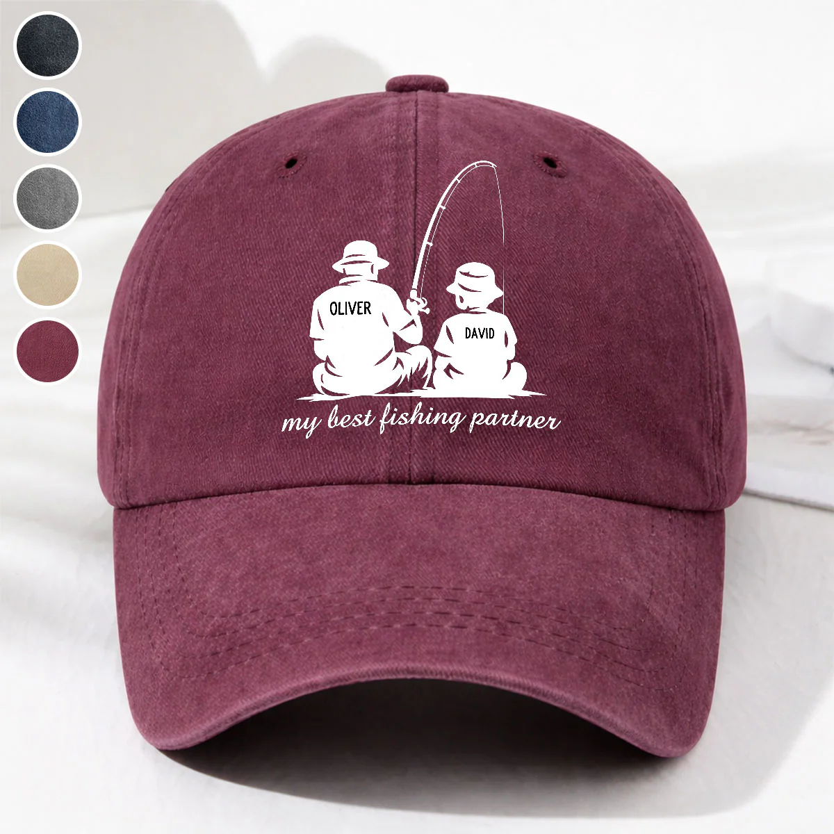 Dad And Son Fishing Memories - Personalized Custom Vintage Washed Denim Cap - Image 2