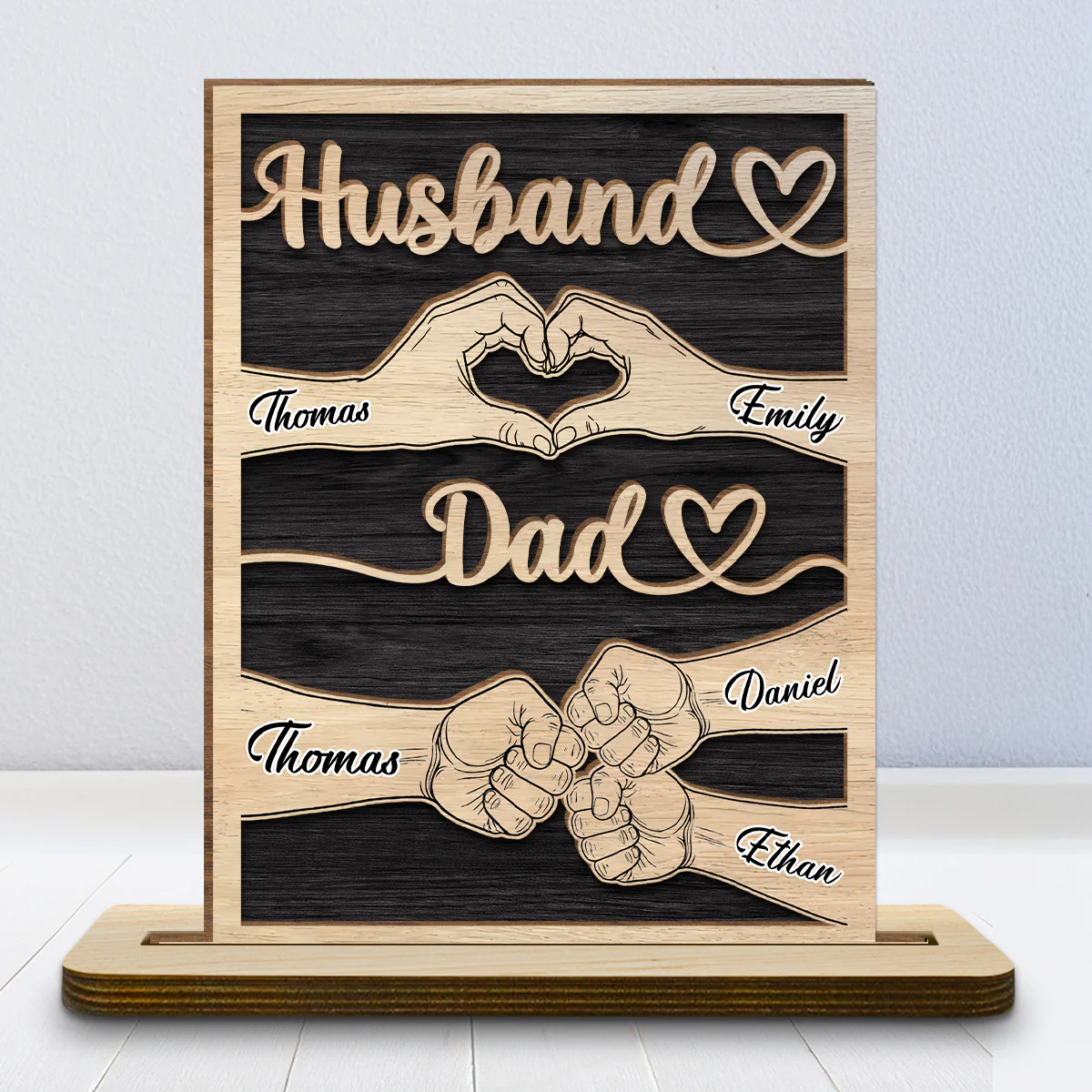 Dad Holds Our Love - Personalized Custom 2-Layer Wood Plaque With Flat Base