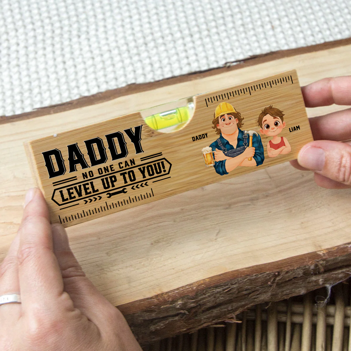 Dad Powered By Love - Personalized Custom Wooden Spirit Level Bottle Opener - Image 3