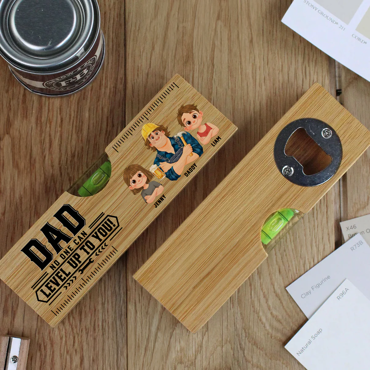 Dad Powered By Love - Personalized Custom Wooden Spirit Level Bottle Opener - Image 4