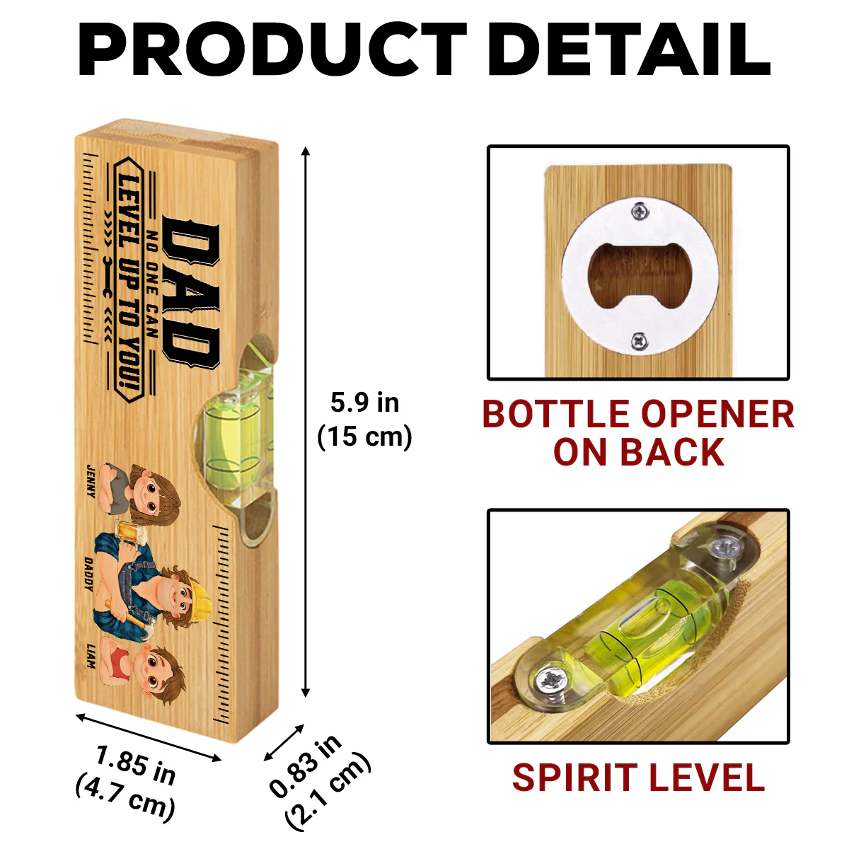 Dad Powered By Love - Personalized Custom Wooden Spirit Level Bottle Opener - Image 6