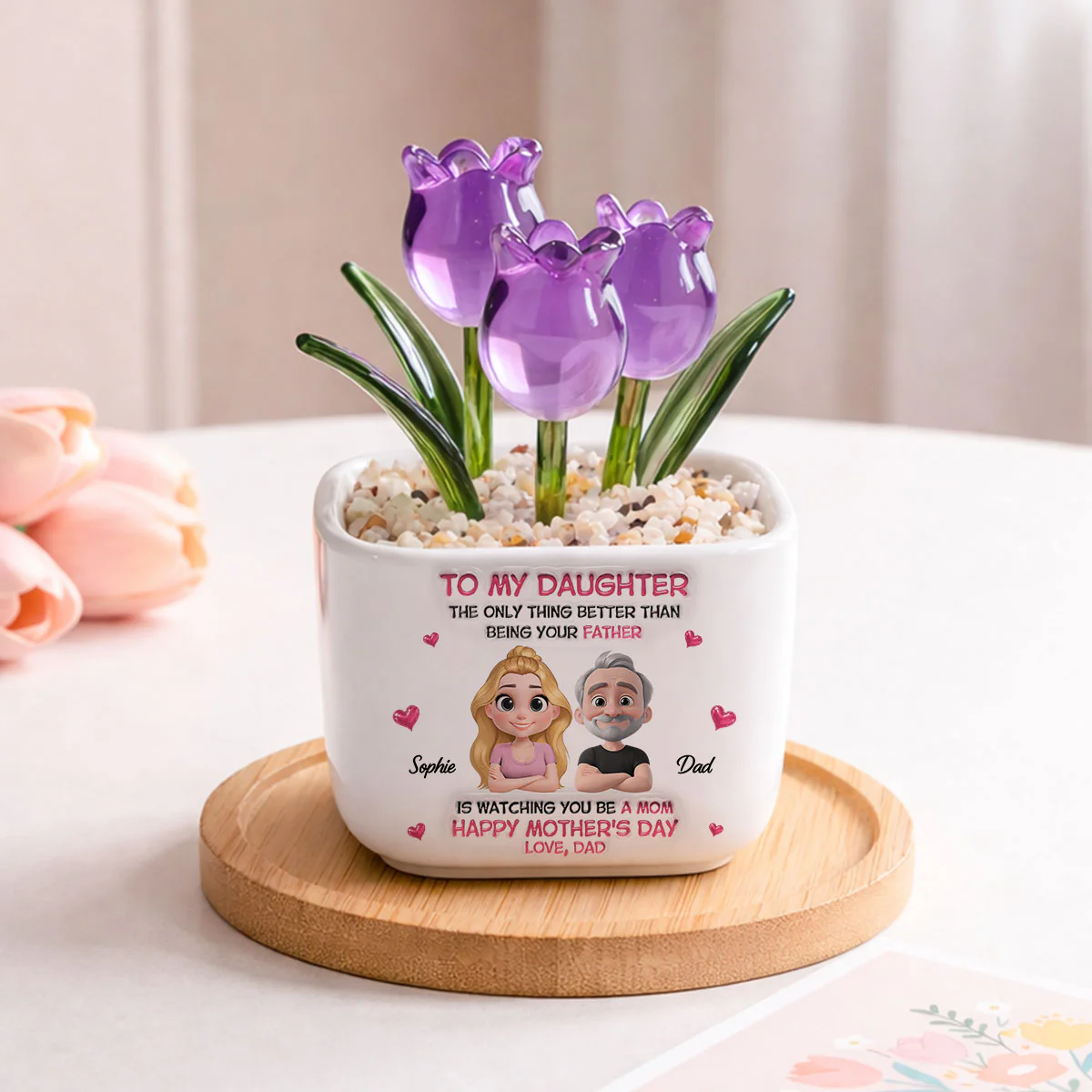 Dad Watching Daughter Be A Mom - Personalized Custom Glass Everlasting Tulips