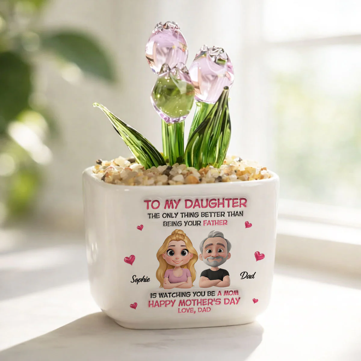 Dad Watching Daughter Be A Mom - Personalized Custom Glass Everlasting Tulips - Image 2