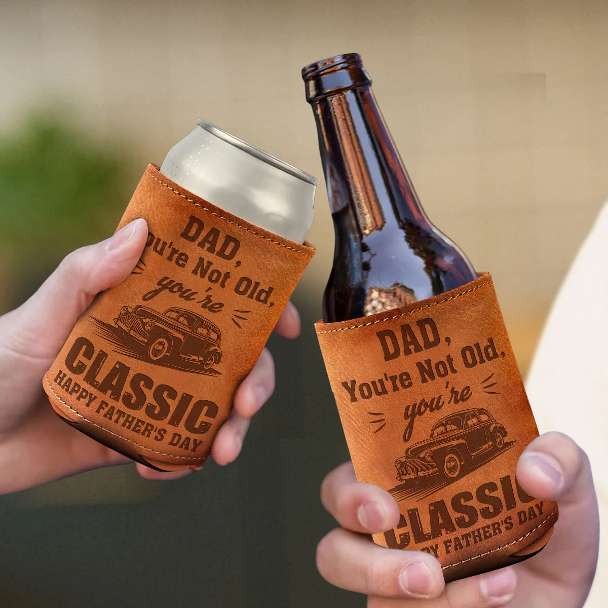Dad You Are Not Old You Are Classic - Personalized Custom Engraved Leather Can Cooler Holder - Image 2