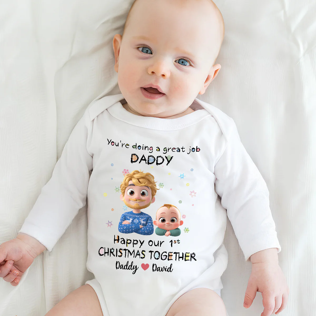 Daddy Is Doing A Great Job Cartoon Christmas - Personalized Custom Long Sleeve Baby Onesie - Image 3