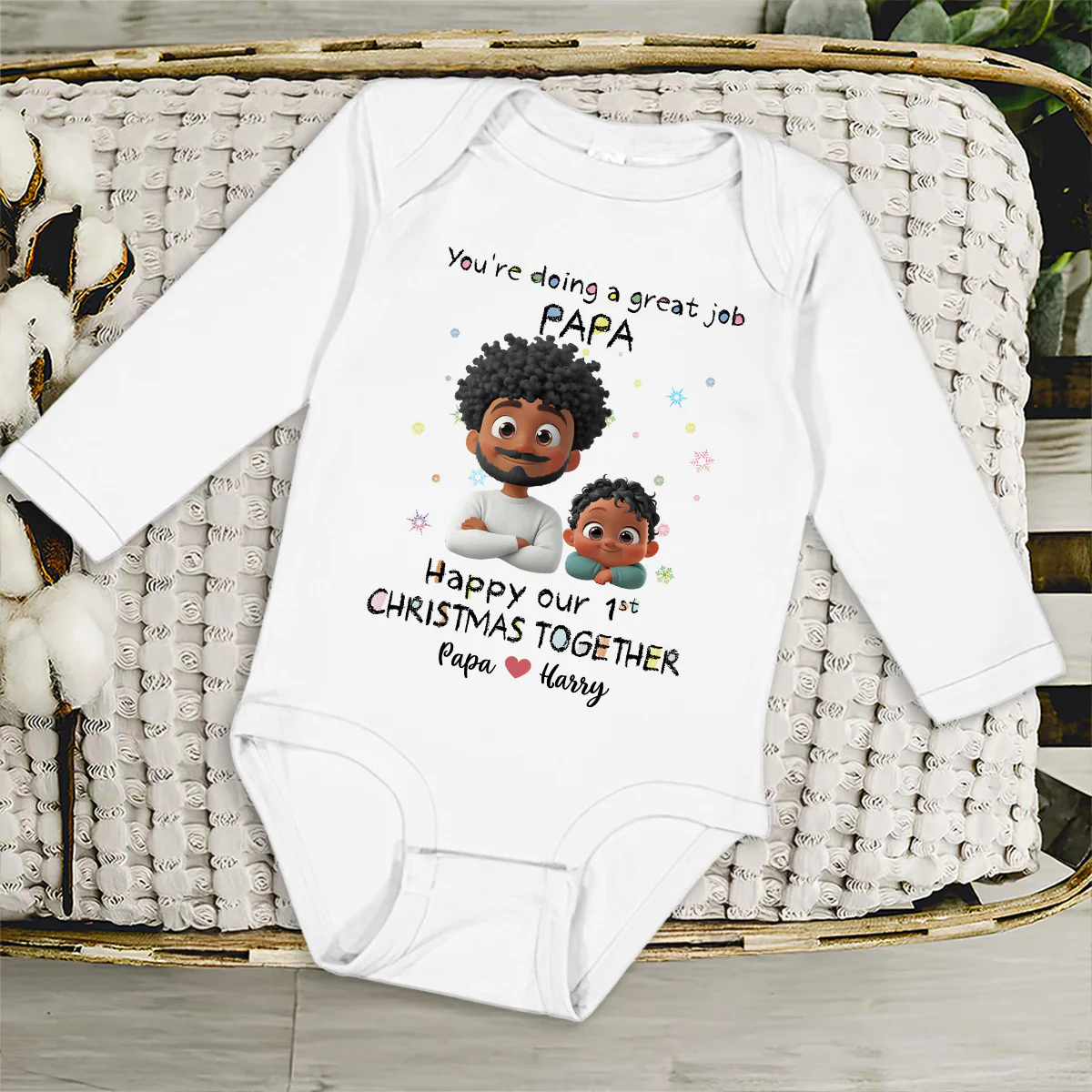 Daddy Is Doing A Great Job Cartoon Christmas - Personalized Custom Long Sleeve Baby Onesie - Image 4