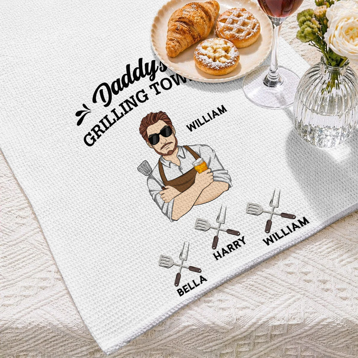 Daddy Is Grilling So We Better Step Back - Personalized Custom Kitchen Towel - Image 2