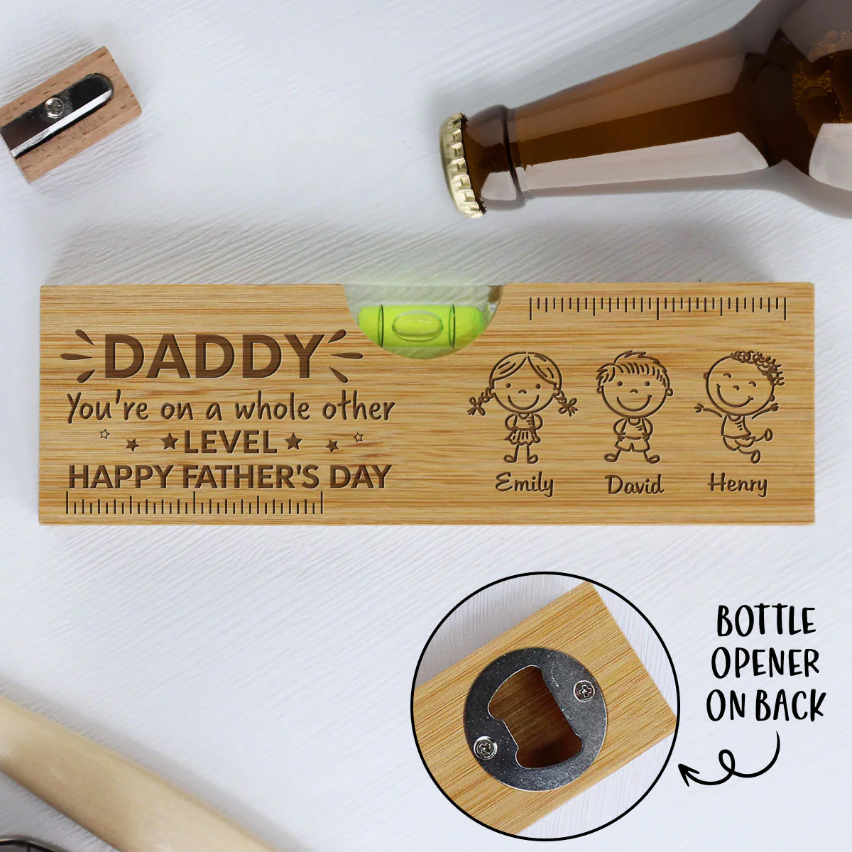 Daddy On The Next Level - Personalized Custom Engraved Wooden Spirit Level Bottle Opener