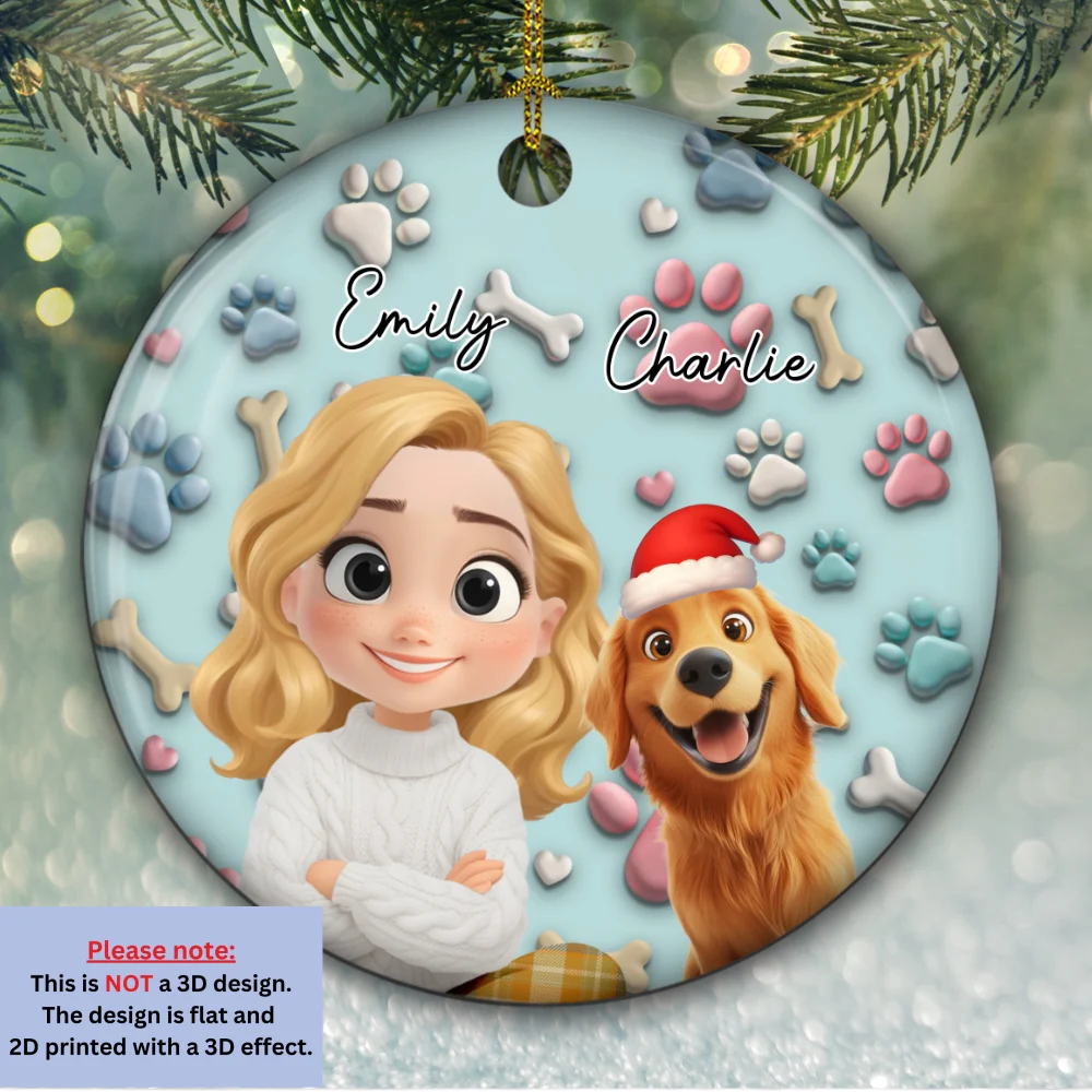 Dog And Human Cartoon - Personalized Custom 3D Effect Ceramic Ornament - Image 5