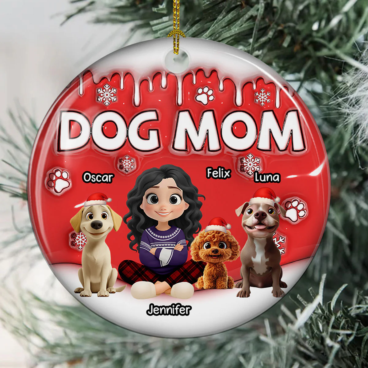 Dog Mom Cartoon In Christmas - Personalized Custom 3D Inflated Effect Ceramic Ornament - Image 3