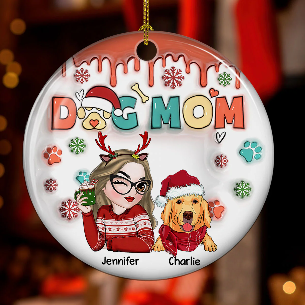 Dog Mom Christmas Paw - Personalized Custom 3D Inflated Effect Ceramic Ornament - Image 4