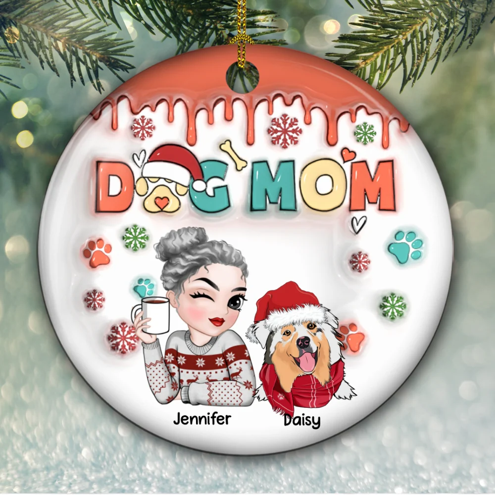 Dog Mom Christmas Paw - Personalized Custom 3D Inflated Effect Ceramic Ornament - Image 5