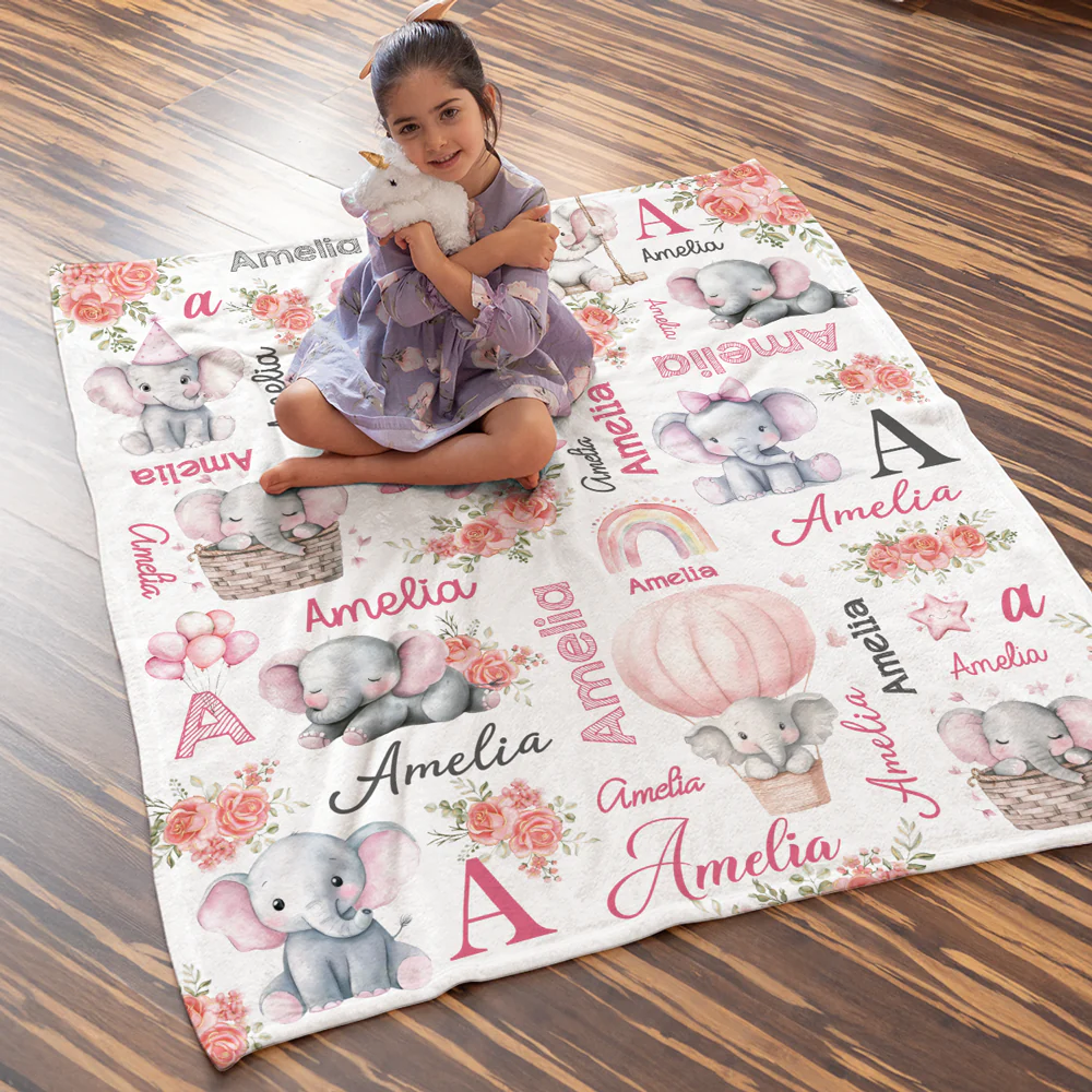 Elephant Love - Personalized Custom Fleece Blanket - Image 2