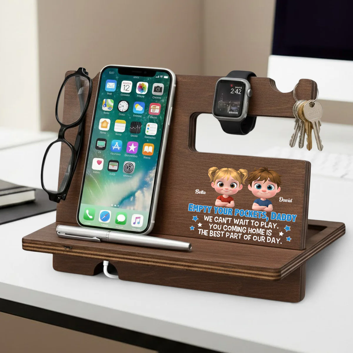 Empty Your Pockets Daddy - Personalized Custom Wood Phone Docking Station