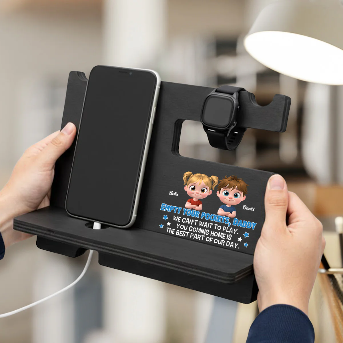 Empty Your Pockets Daddy - Personalized Custom Wood Phone Docking Station - Image 4