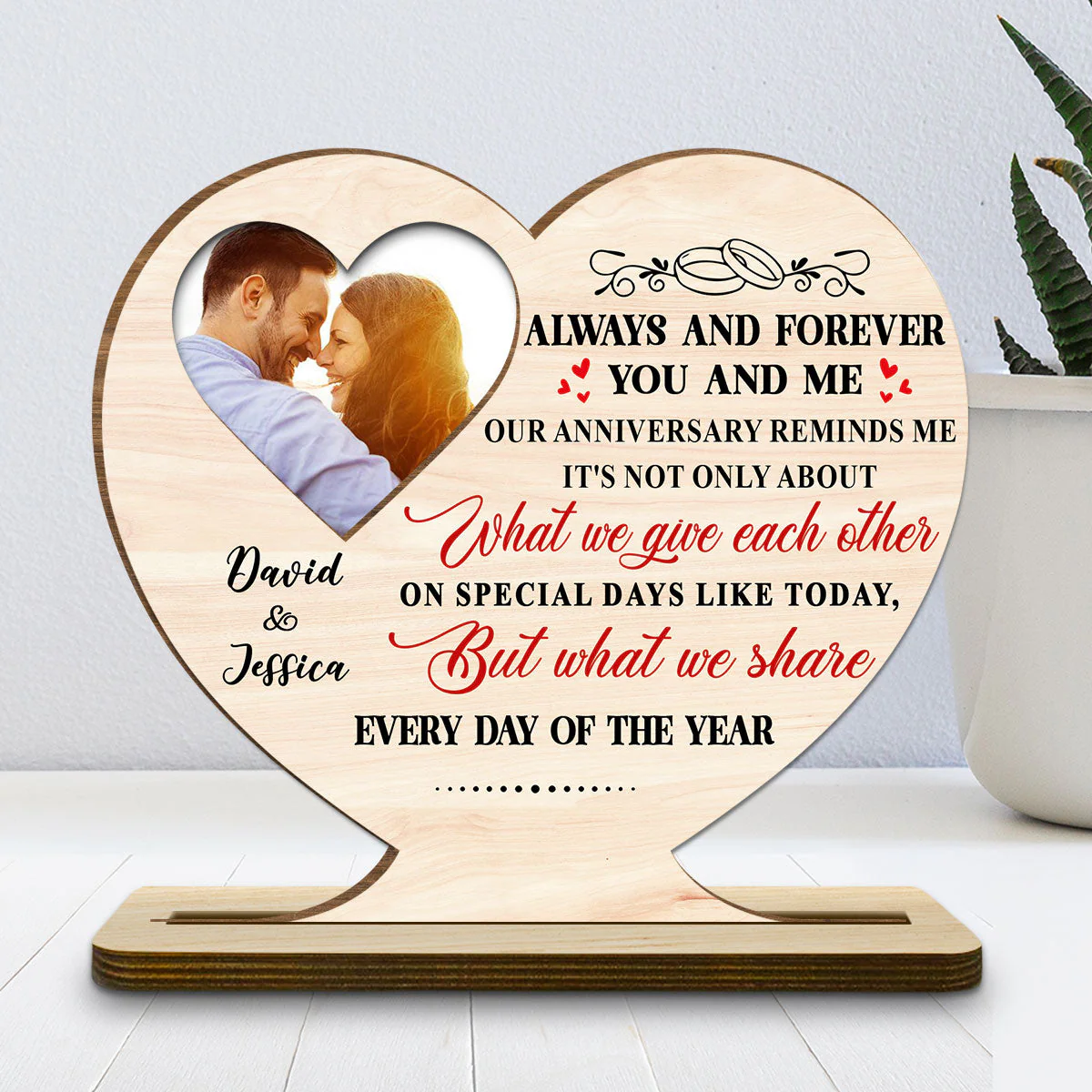 Every Day Our Hearts Share Love - Personalized Custom 2-Layer Wood Plaque With Flat Base - Image 2
