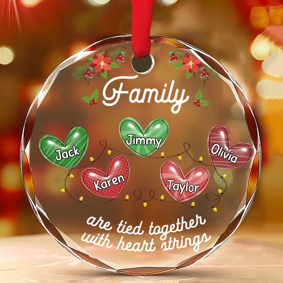 Family Are Tied Together With Heart Strings - Personalized Custom Glass Ornament - Image 2