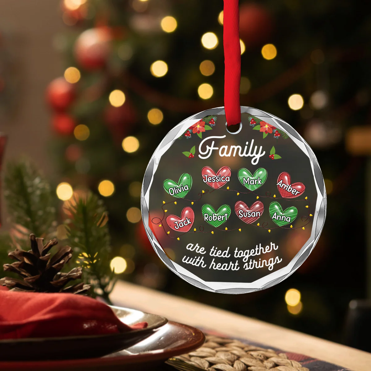 Family Are Tied Together With Heart Strings - Personalized Custom Glass Ornament - Image 4