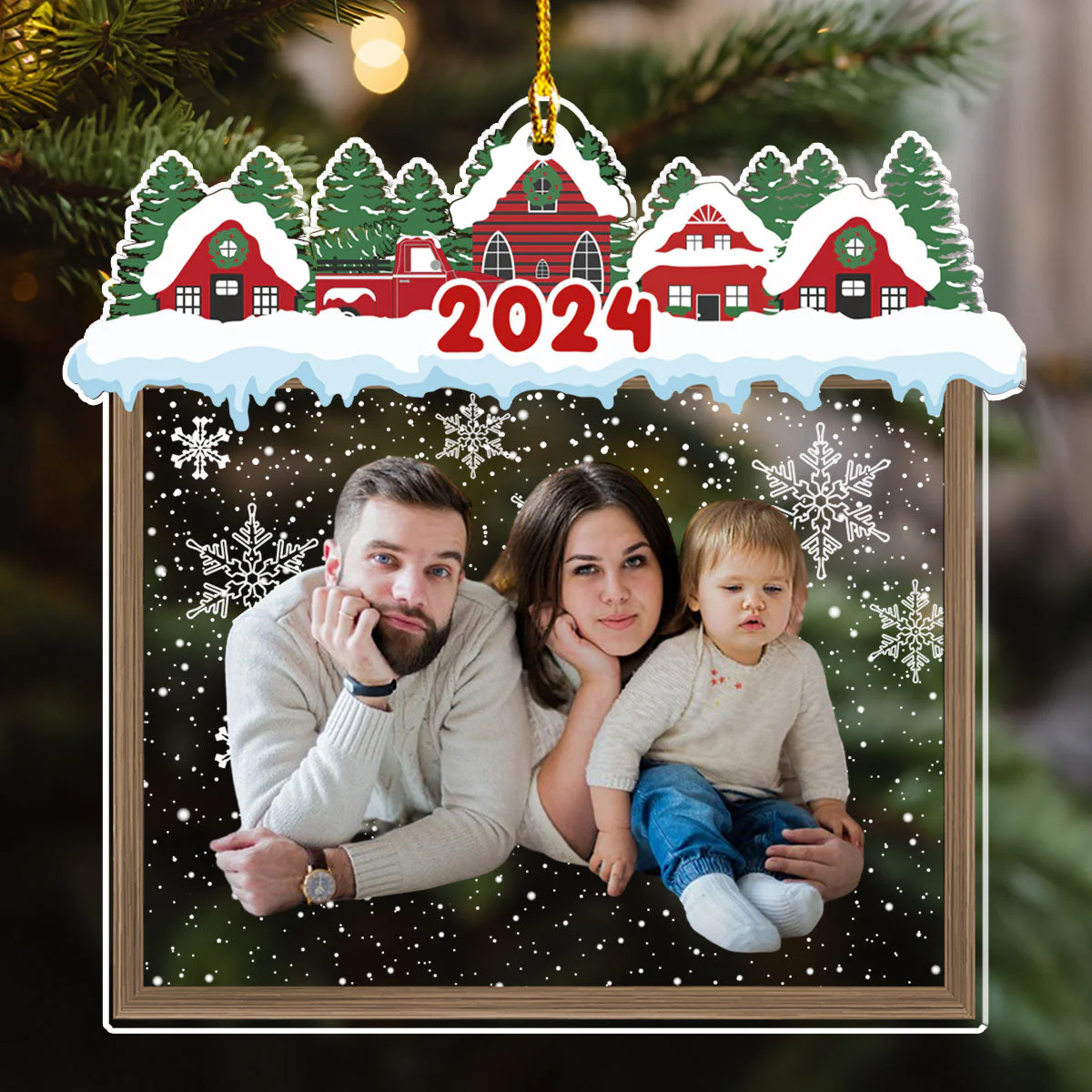 Family Beautiful Christmas Town Village View - Personalized Custom Acrylic Ornament - Image 3