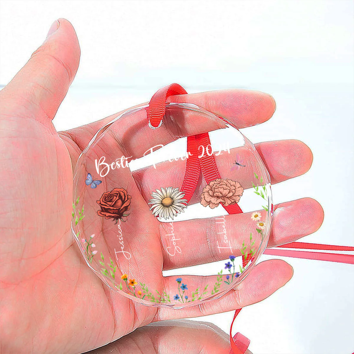 Family Besties Flower - Personalized Custom Glass Ornament - Image 2