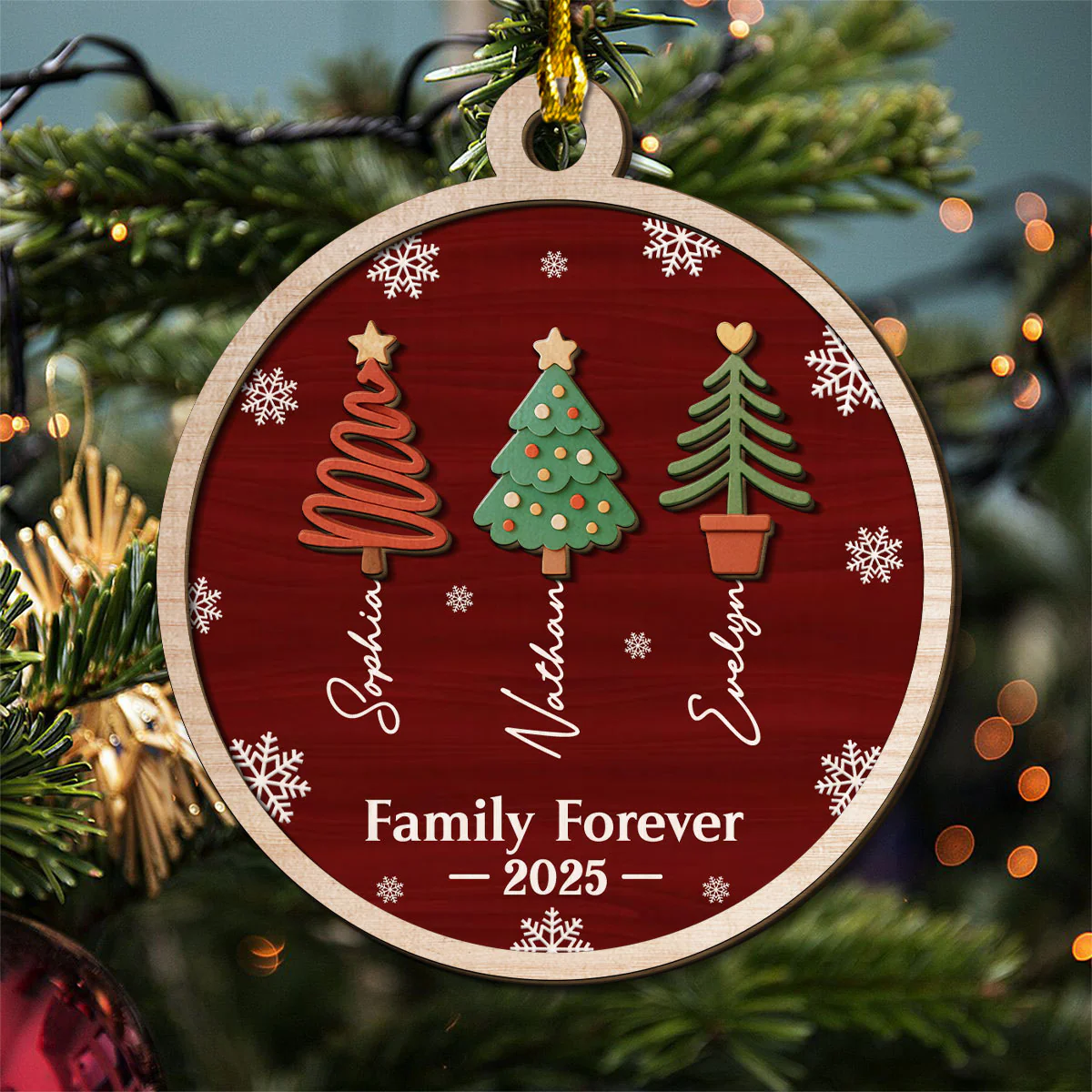 Family Christmas Tree Names - Personalized Custom 2-Layered Wood Ornament - Image 3