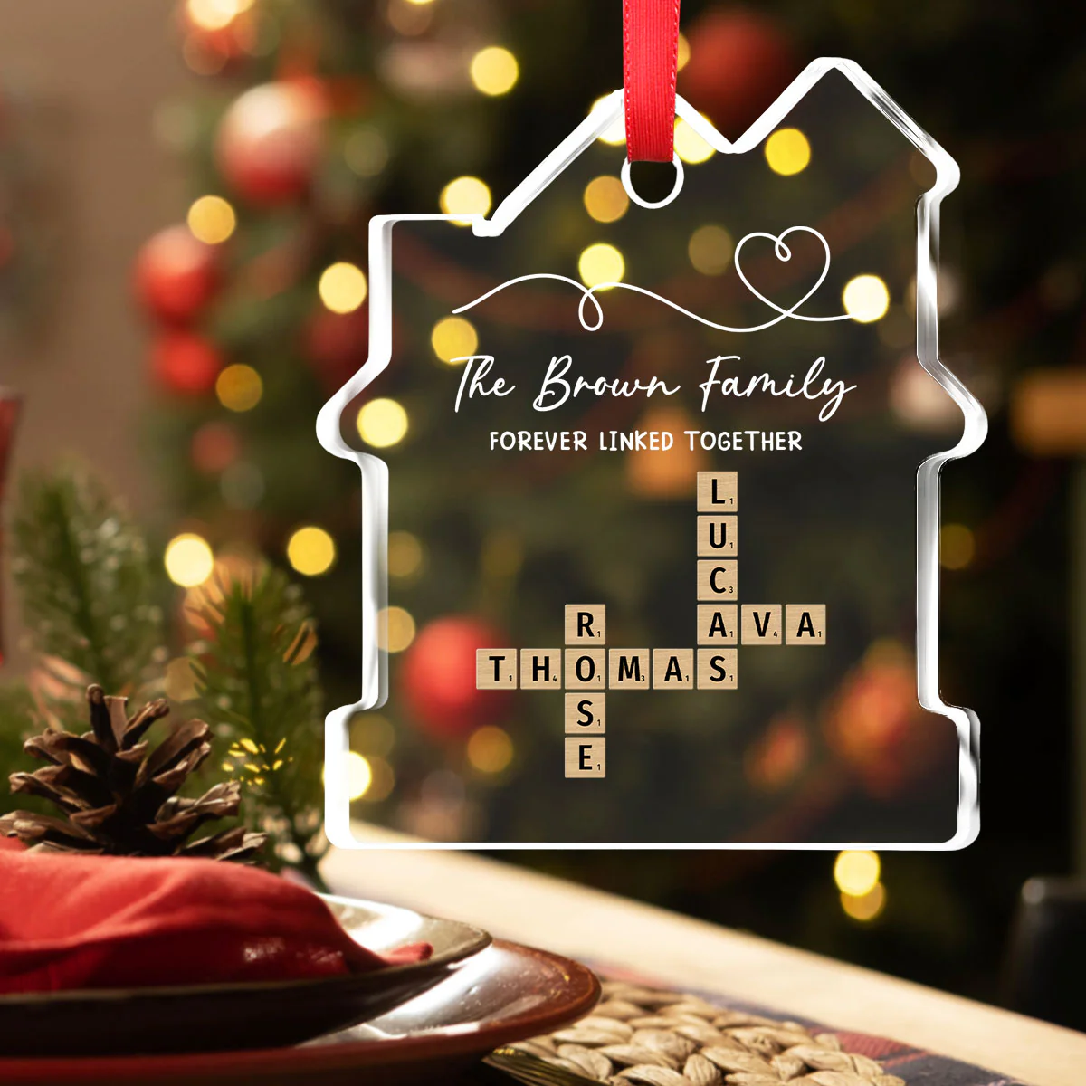 Family Hearts Forever Linked Together - Personalized Custom House Shaped Glass Ornament - Image 3