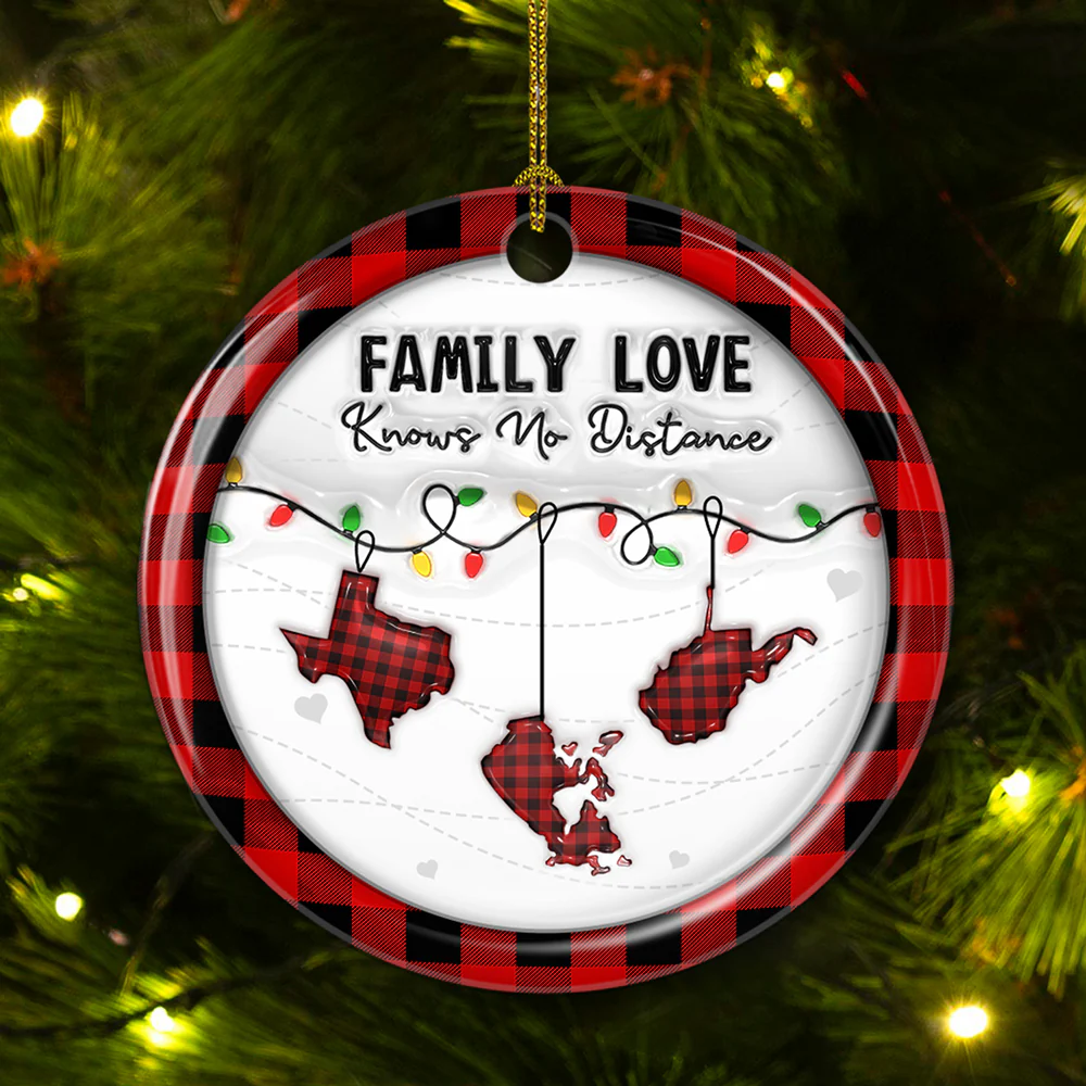 Family Love Know No Distance Red - Personalized Custom 3D Effect Ceramic Ornament