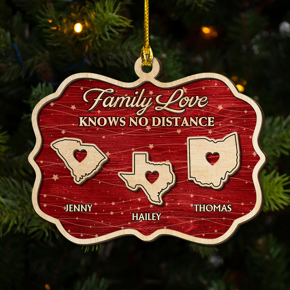 Family Love Knows No Distance Christmas - Personalized Custom 2-Layered Wood Ornament - Image 2