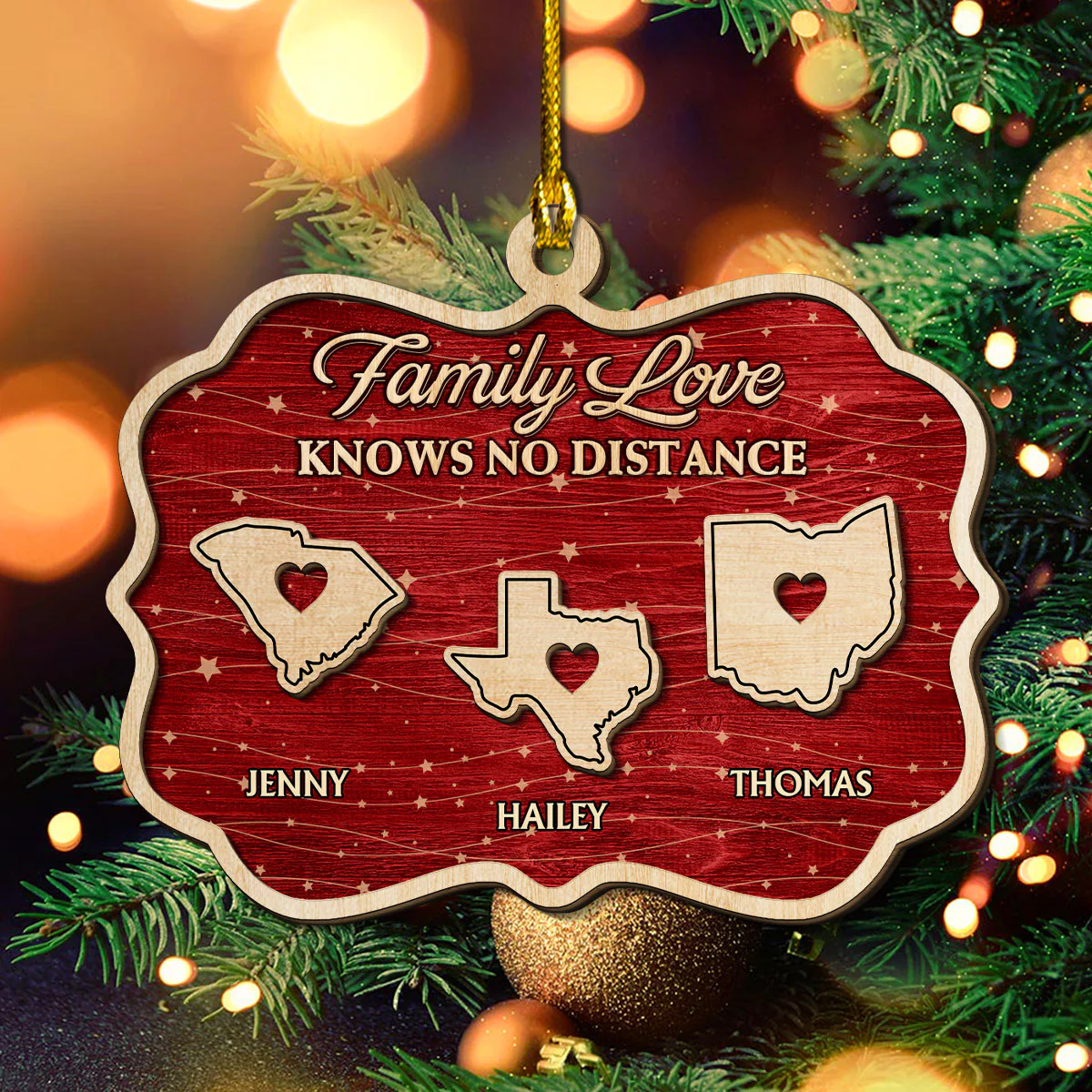 Family Love Knows No Distance Christmas - Personalized Custom 2-Layered Wood Ornament - Image 3