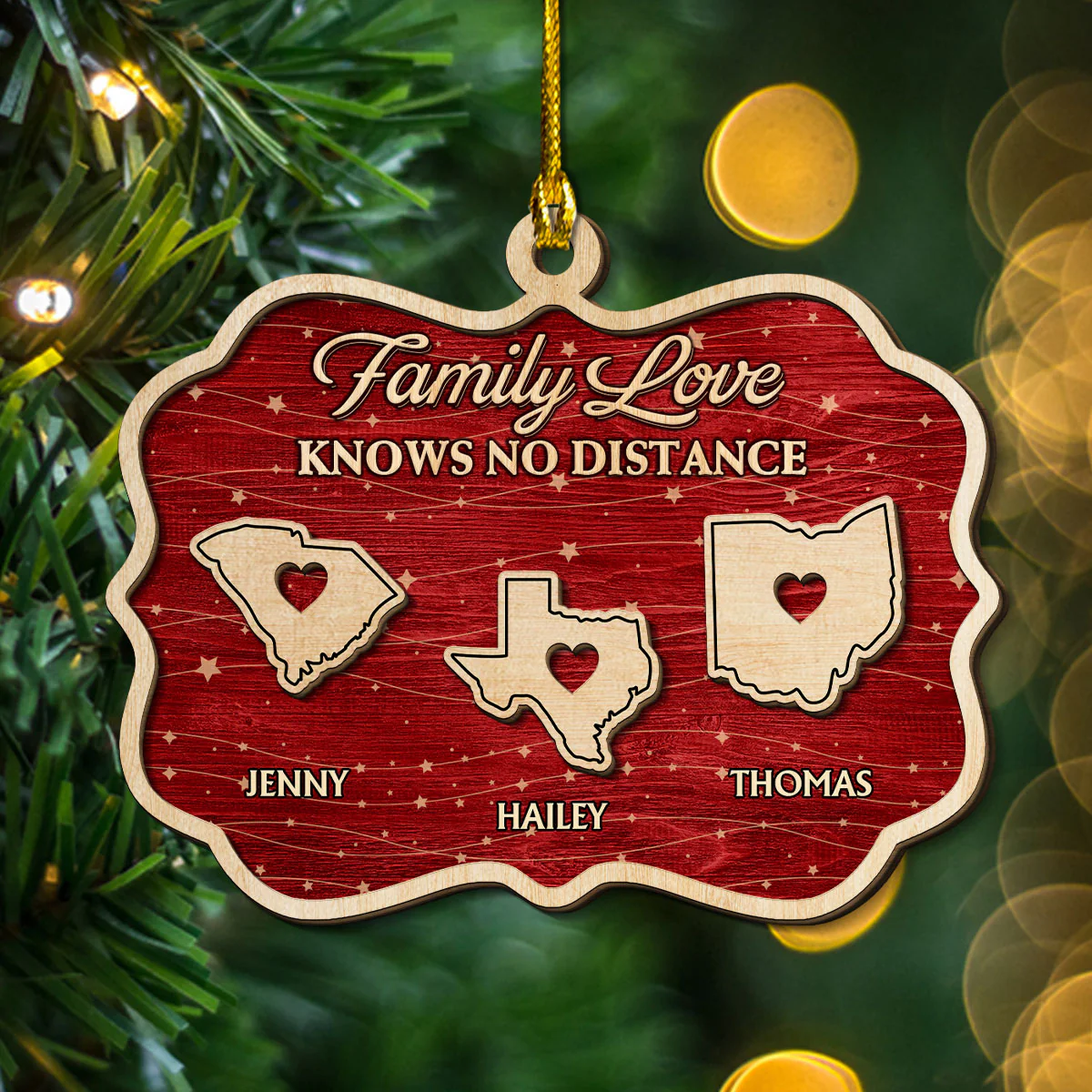 Family Love Knows No Distance Christmas - Personalized Custom 2-Layered Wood Ornament - Image 4