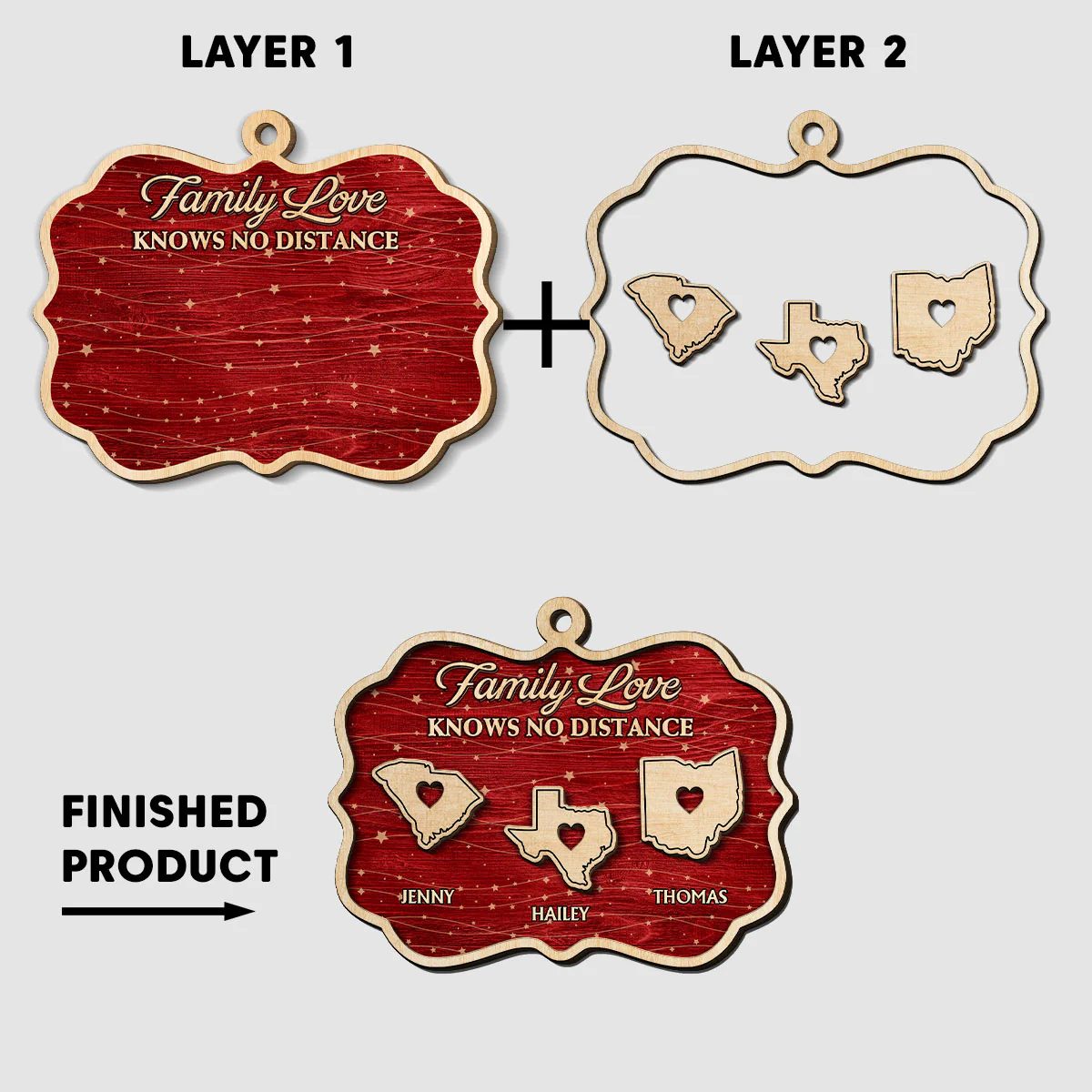 Family Love Knows No Distance Christmas - Personalized Custom 2-Layered Wood Ornament - Image 6