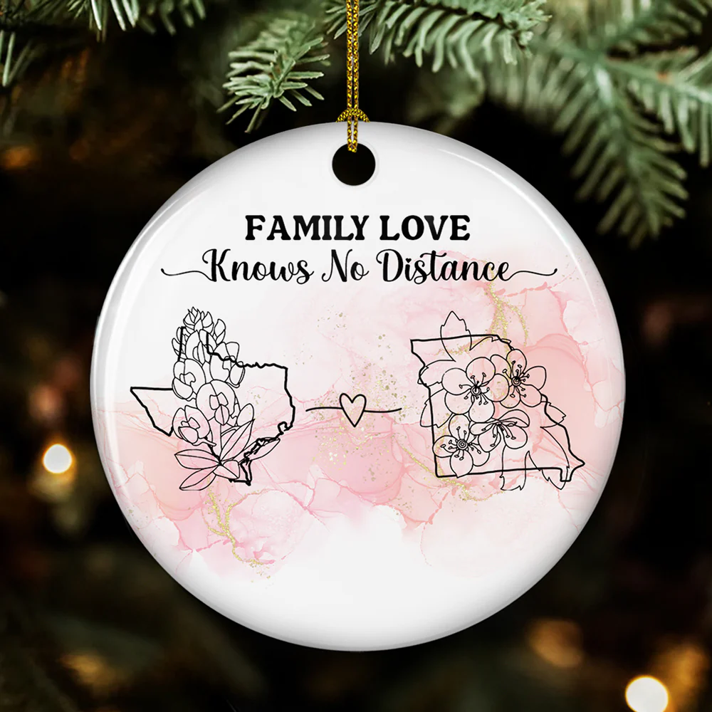 Family Love Knows No Distance Floral Version - Personalized Custom Circle Ceramic Ornament - Image 2