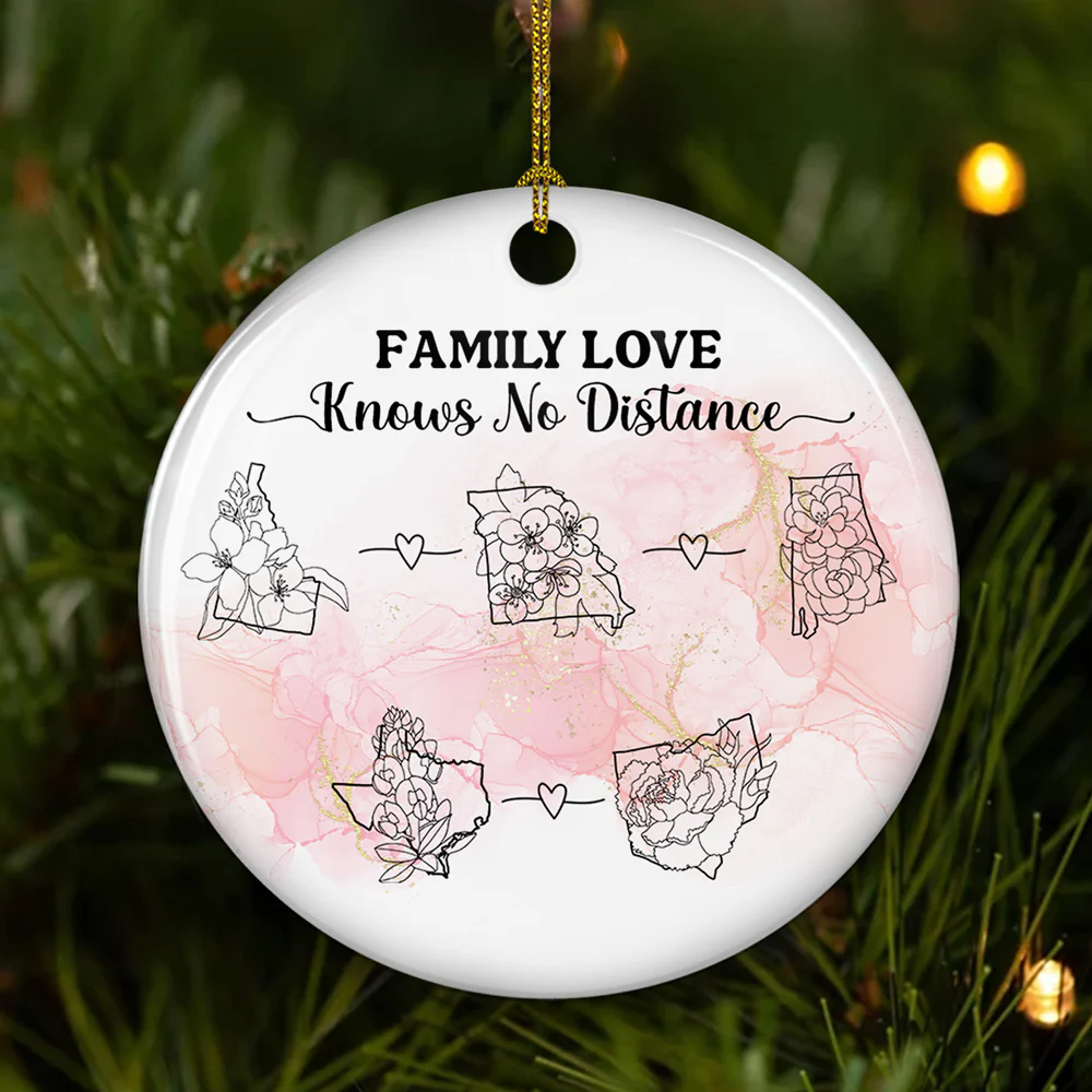 Family Love Knows No Distance Floral Version - Personalized Custom Circle Ceramic Ornament - Image 3