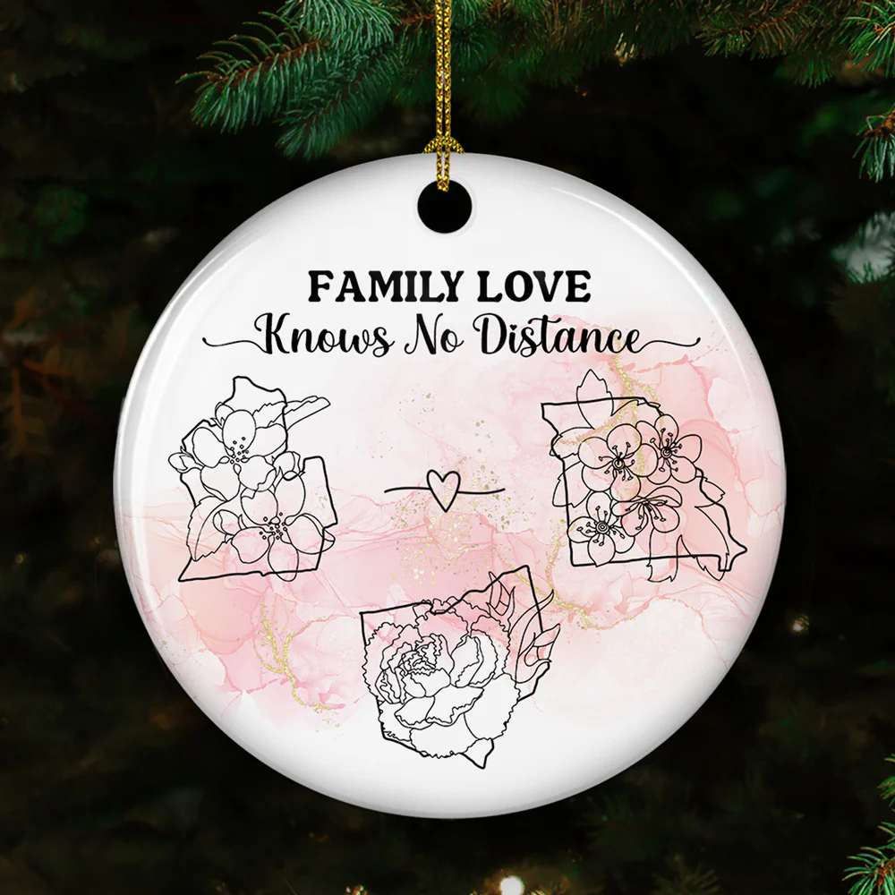 Family Love Knows No Distance Floral Version - Personalized Custom Circle Ceramic Ornament - Image 4