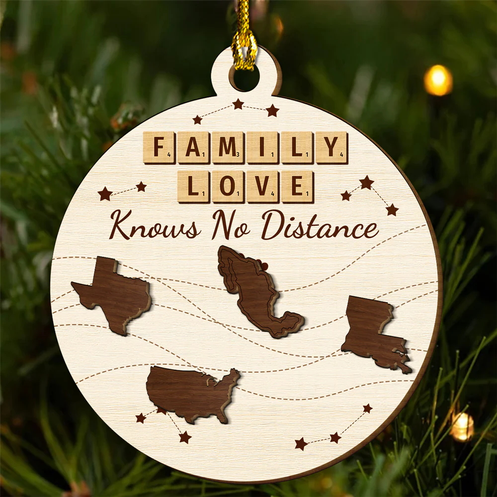 Family Love Knows No Distance - Personalized Custom Freeshape 2-Layered Wood Ornament - Image 2